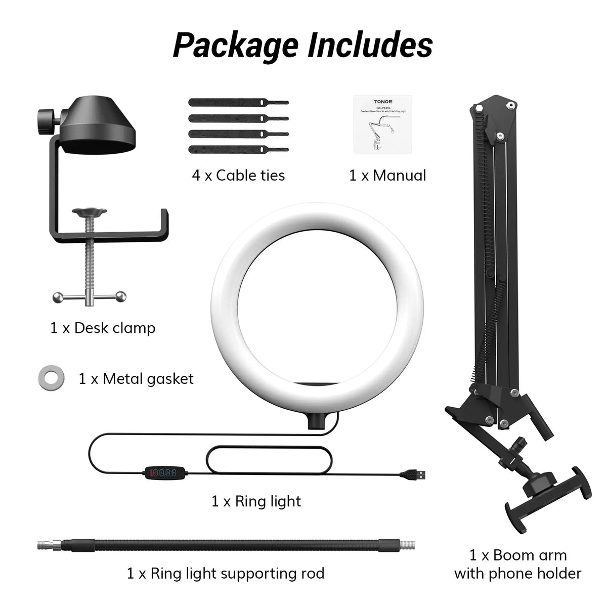 10" Overhead Ring Light Kit, Boom Arm & Phone Holder