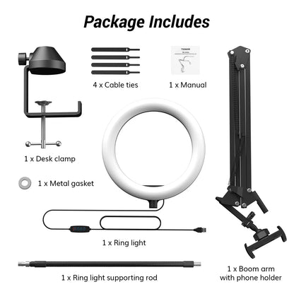 10" Overhead Ring Light Kit, Boom Arm & Phone Holder