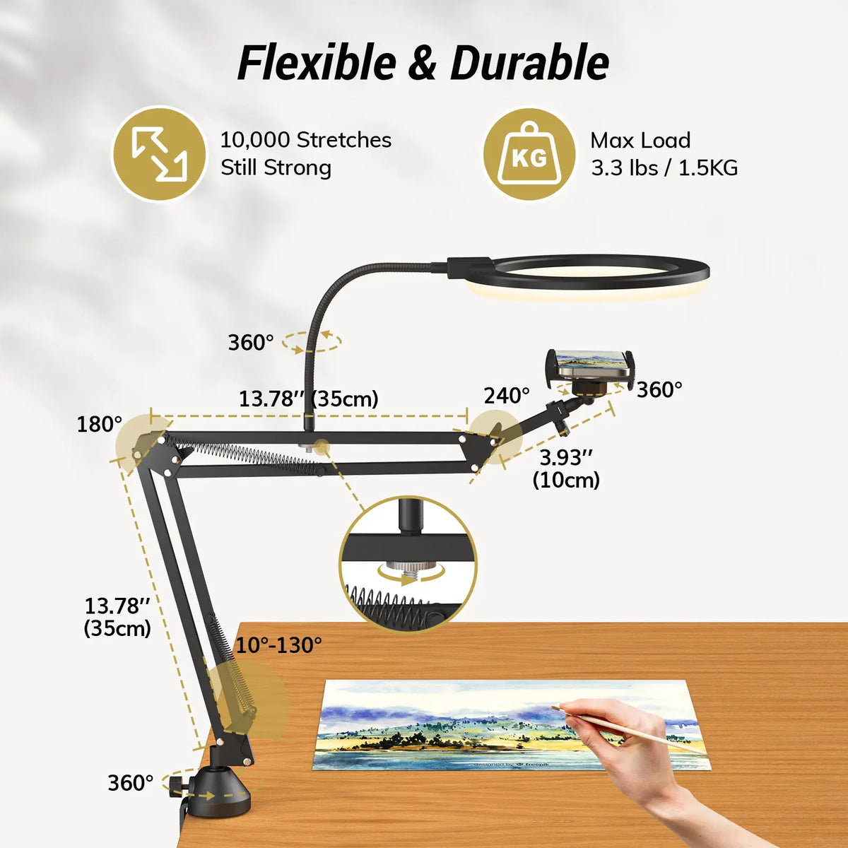 10" Overhead Ring Light Kit, Boom Arm & Phone Holder