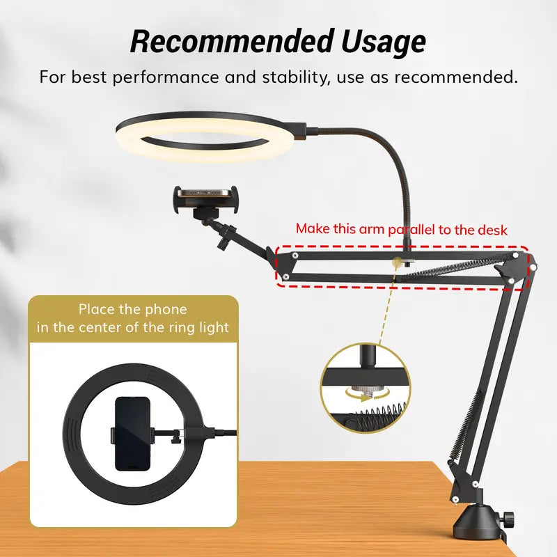 10" Overhead Ring Light Kit, Boom Arm & Phone Holder
