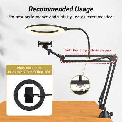 10" Overhead Ring Light Kit, Boom Arm & Phone Holder