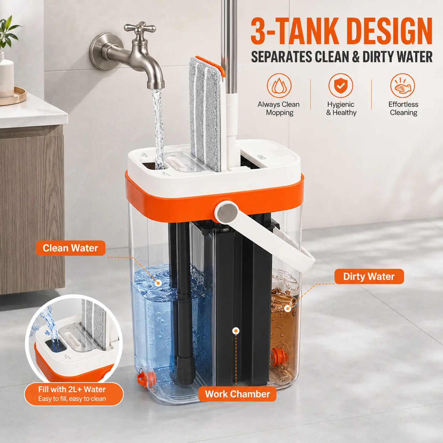 3-Tank Hands-Free No-Rinse Flat Mop with Bucket